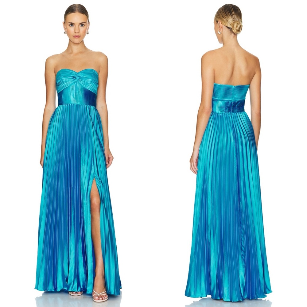 NWT Amur Stef Pleated Maxi Gown Dress Adonis Blue Revolve